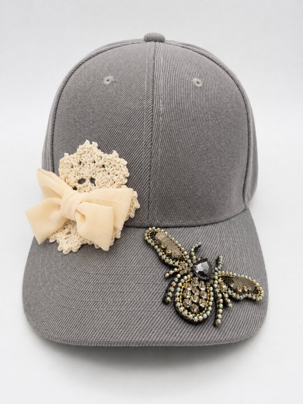 Chokolids Embellished Gray Baseball Cap Crochet Flower Bow Bee